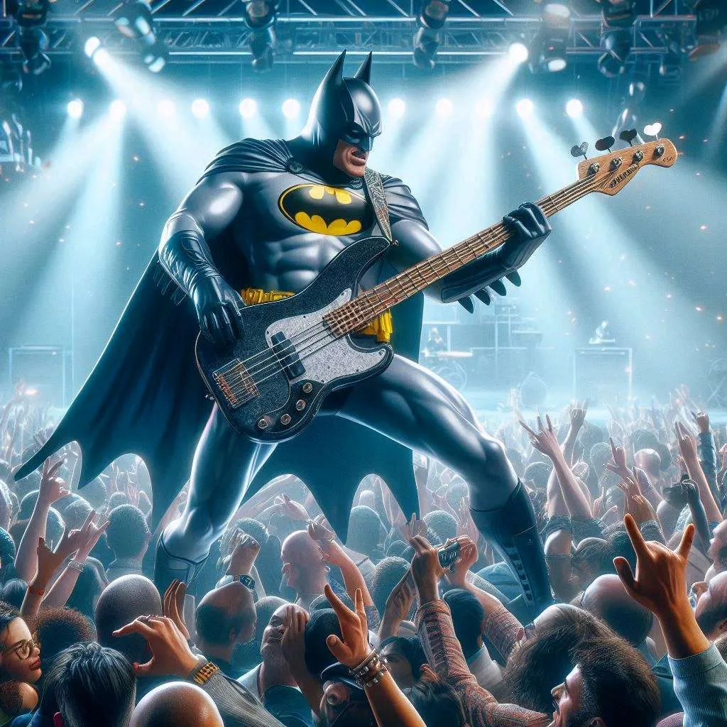 batman playing the guitar quickly while performing a song in front of the raging croud., advertising style