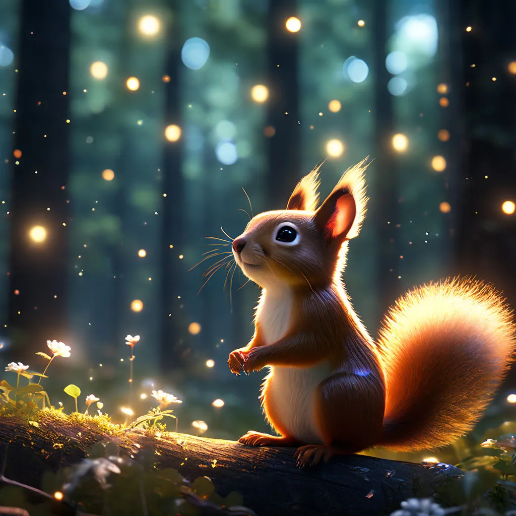 Animate the twinkling stars in the background, making them shimmer and dance.
Add a gentle pulsating animation to the magical gem, as if it's glowing with energy.
Make A Squirrel's eyes blink occasionally, showing its curiosity and wonder.