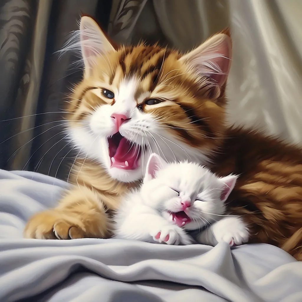 a painting of a cat and a kitten on a bed