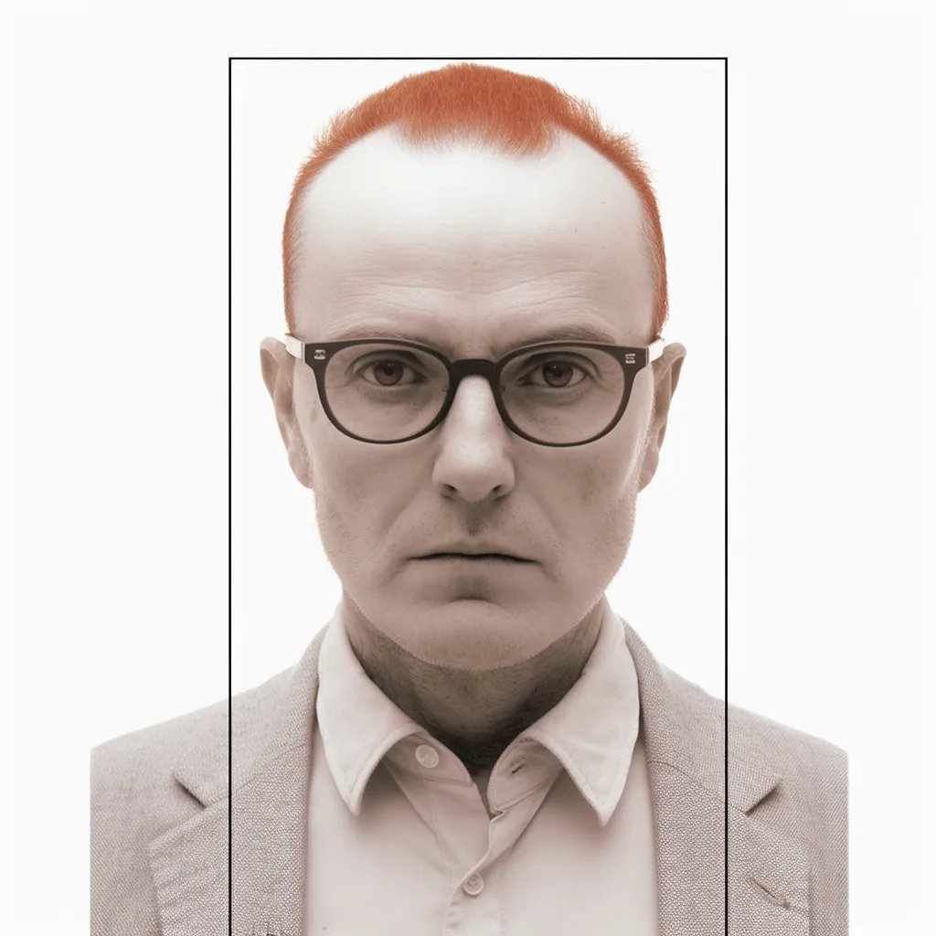 a man with red hair and glasses is looking at the camera