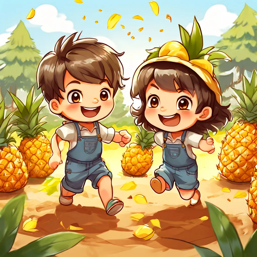 a couple of kids running through a field of pineapples