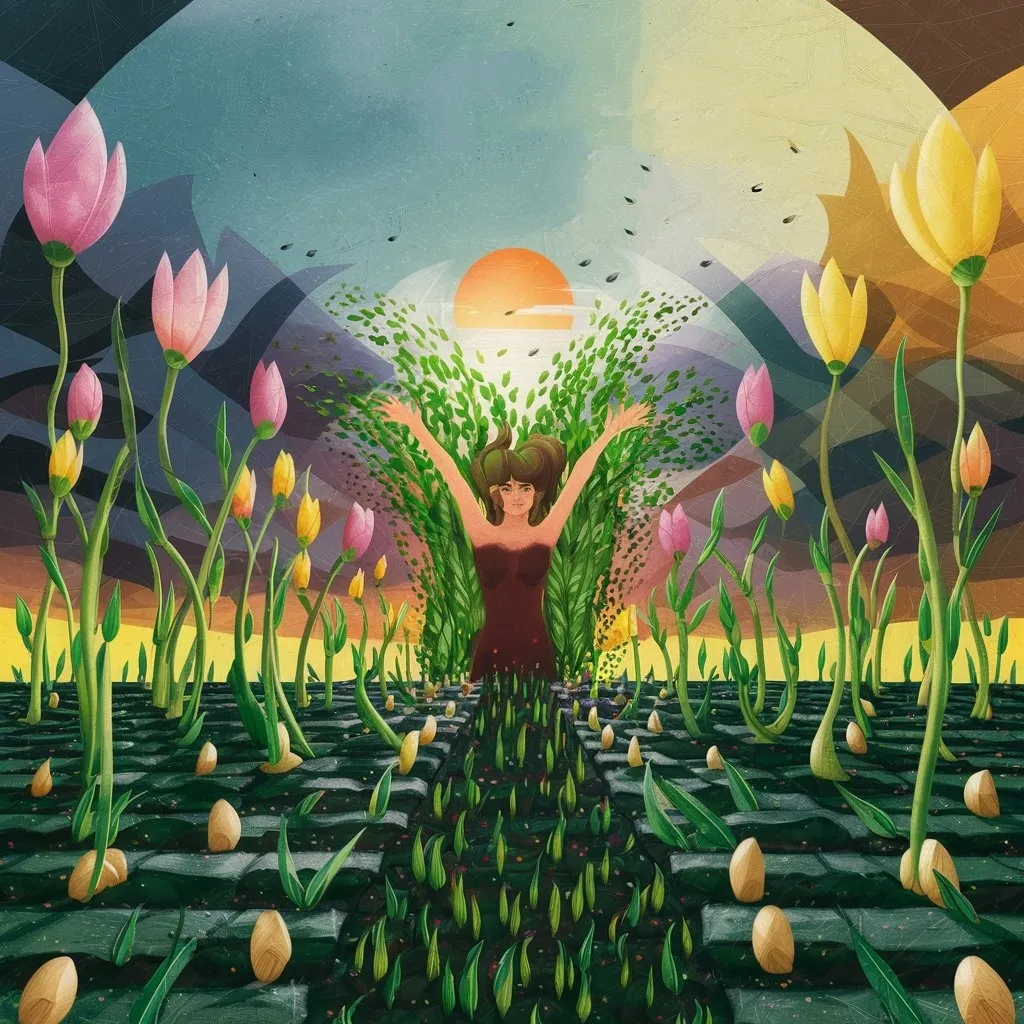 a painting of a woman standing in a field of flowers