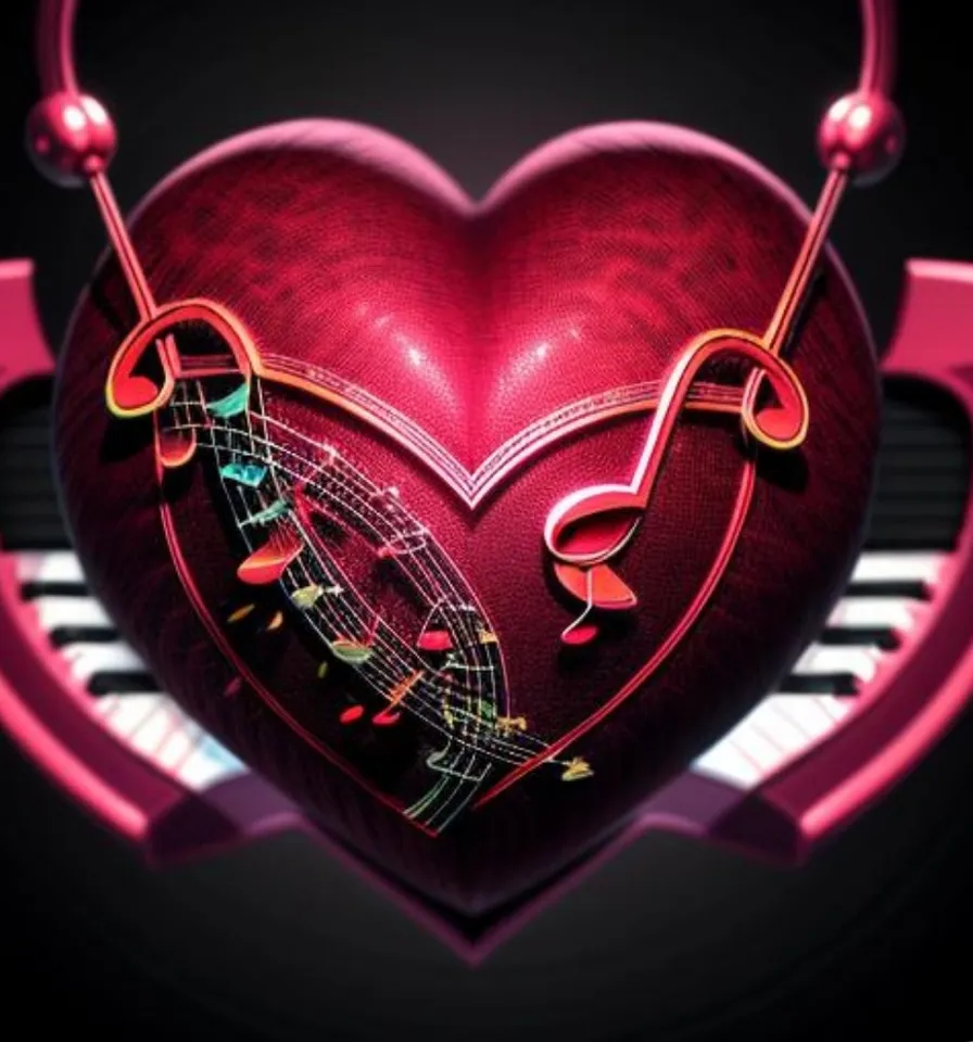 a red heart with musical notes on it