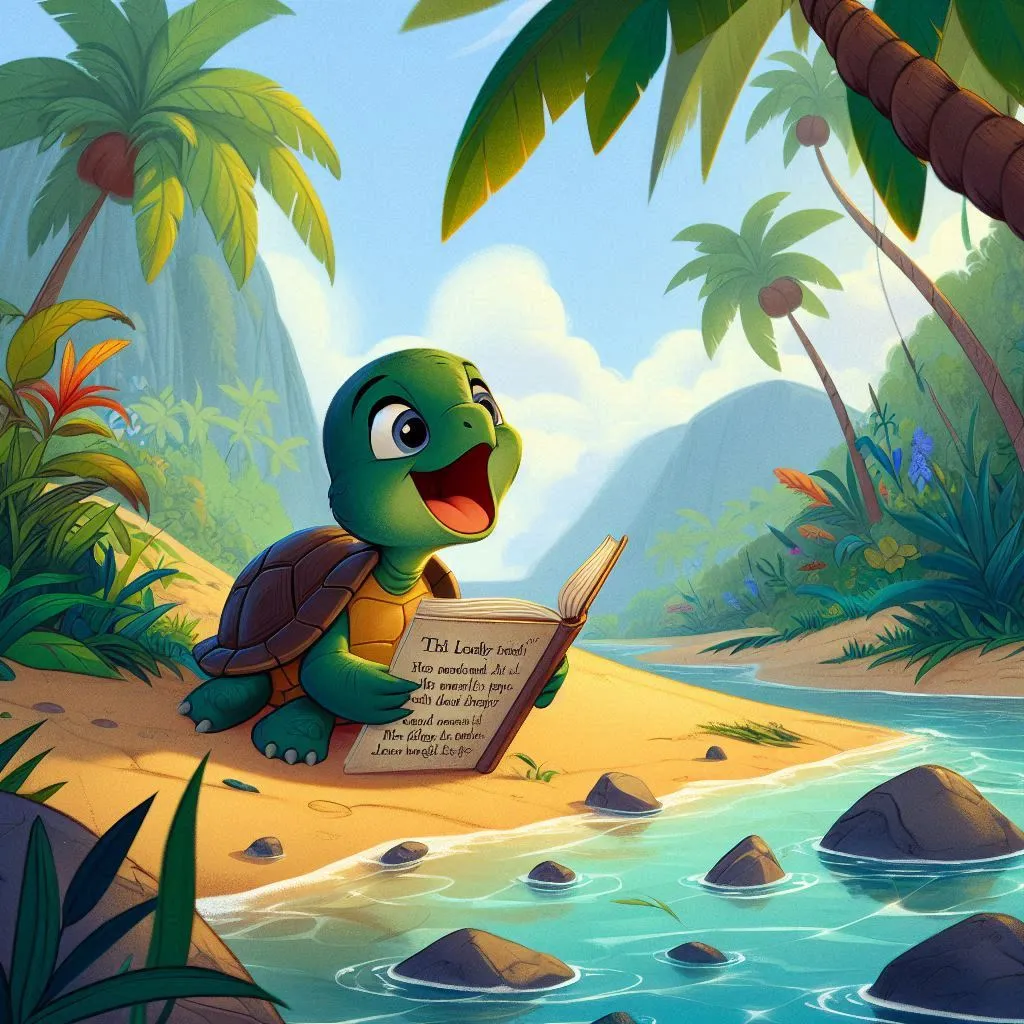 a cartoon turtle reading a book on a beach