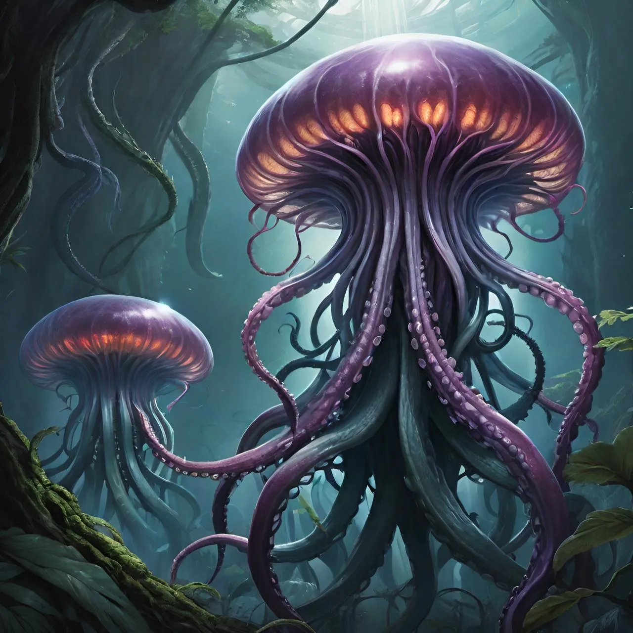 a painting of an octopus in a forest