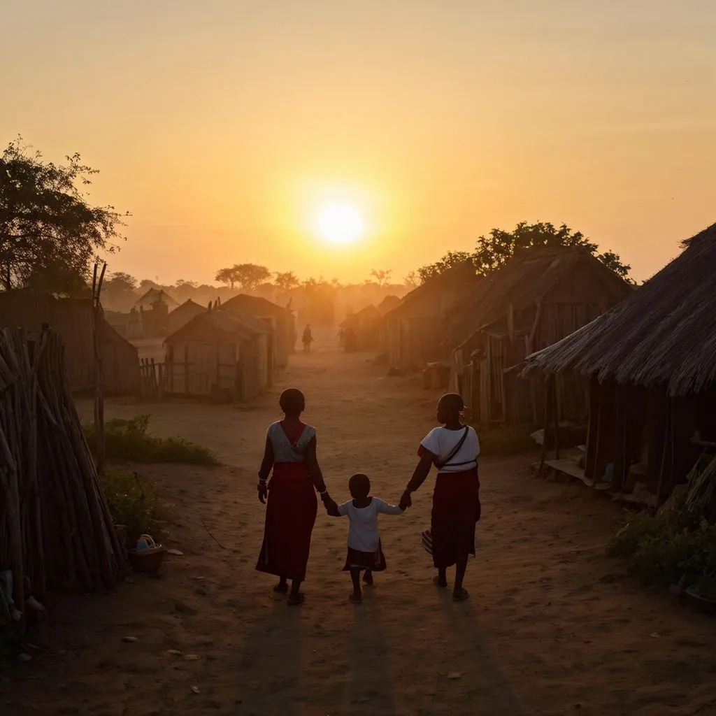 The morning sun rising over the horizon, casting its warm light on the village and bringing a sense of relief to Mama Ada and her children as they emerge from their hut, knowing that they are safe from the wicked housemaid's grasp.