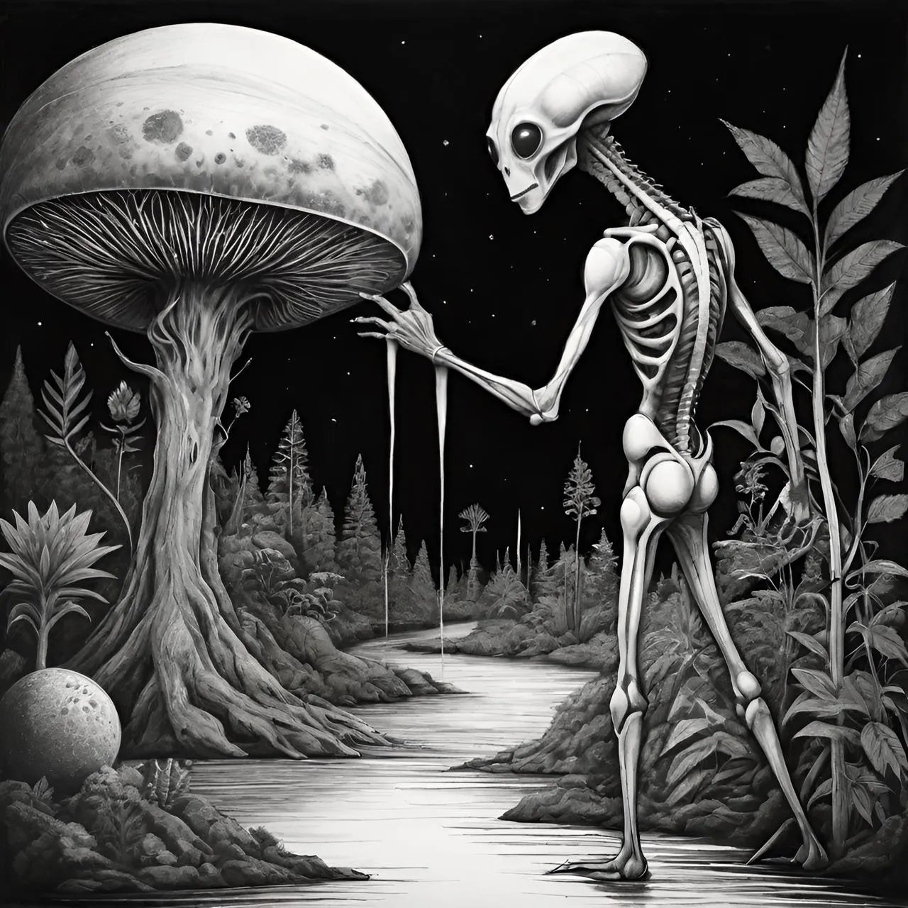 a skeleton standing next to a mushroom in a forest