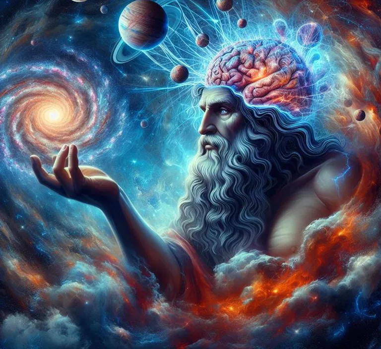 a painting of a man with a brain and planets in the background