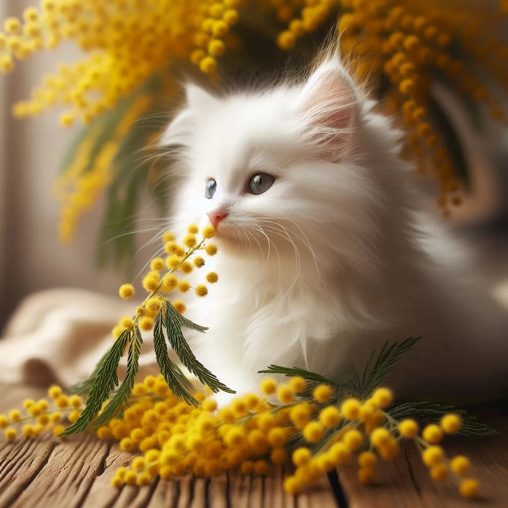 a white kitten sitting on top of a wooden table