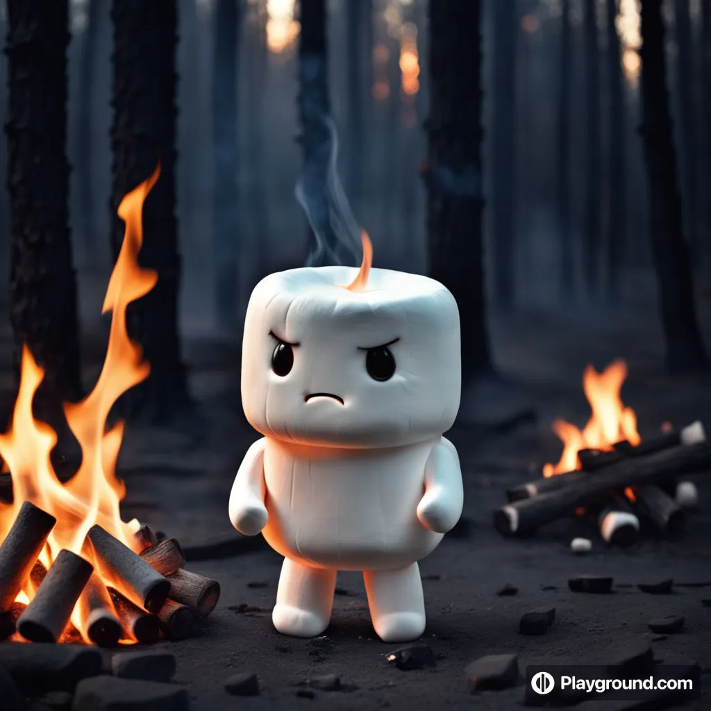 a small white toy standing next to a fire