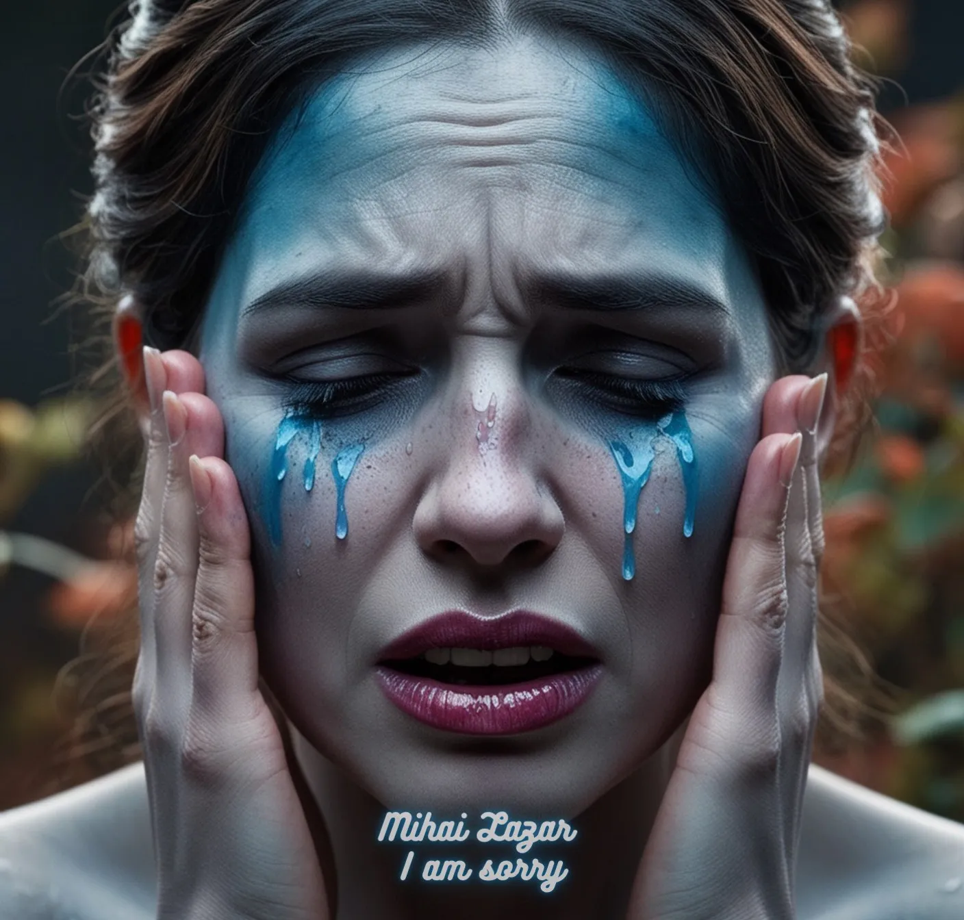 The image shows a close-up of a woman in a state of emotional distress. Her facial expression is filled with sorrow, and her eyebrows are furrowed, indicating deep sadness. Her eyes are closed, but tears, represented as blue streaks of paint or makeup, flow down her cheeks. She is gently holding her face with both hands, perhaps signifying regret or pain.

The blue paint running from her eyes adds a dramatic, almost artistic touch to the image, enhancing the emotional weight of the scene. At the bottom of the image, there is text that reads, "Mihai Lazar I am sorry," further indicating an apology or feelings of remorse.

The background is blurred, drawing all attention to her face and the intense emotion she portrays. The colors are muted, with cool tones dominating, which complements the melancholic mood of the image. , advertising style