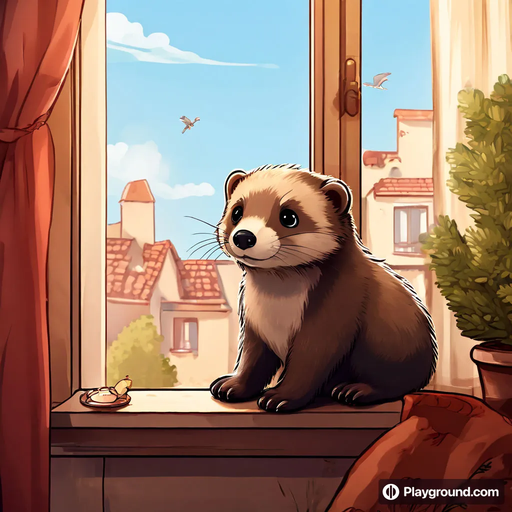 a ferret sitting on a window sill looking out the window