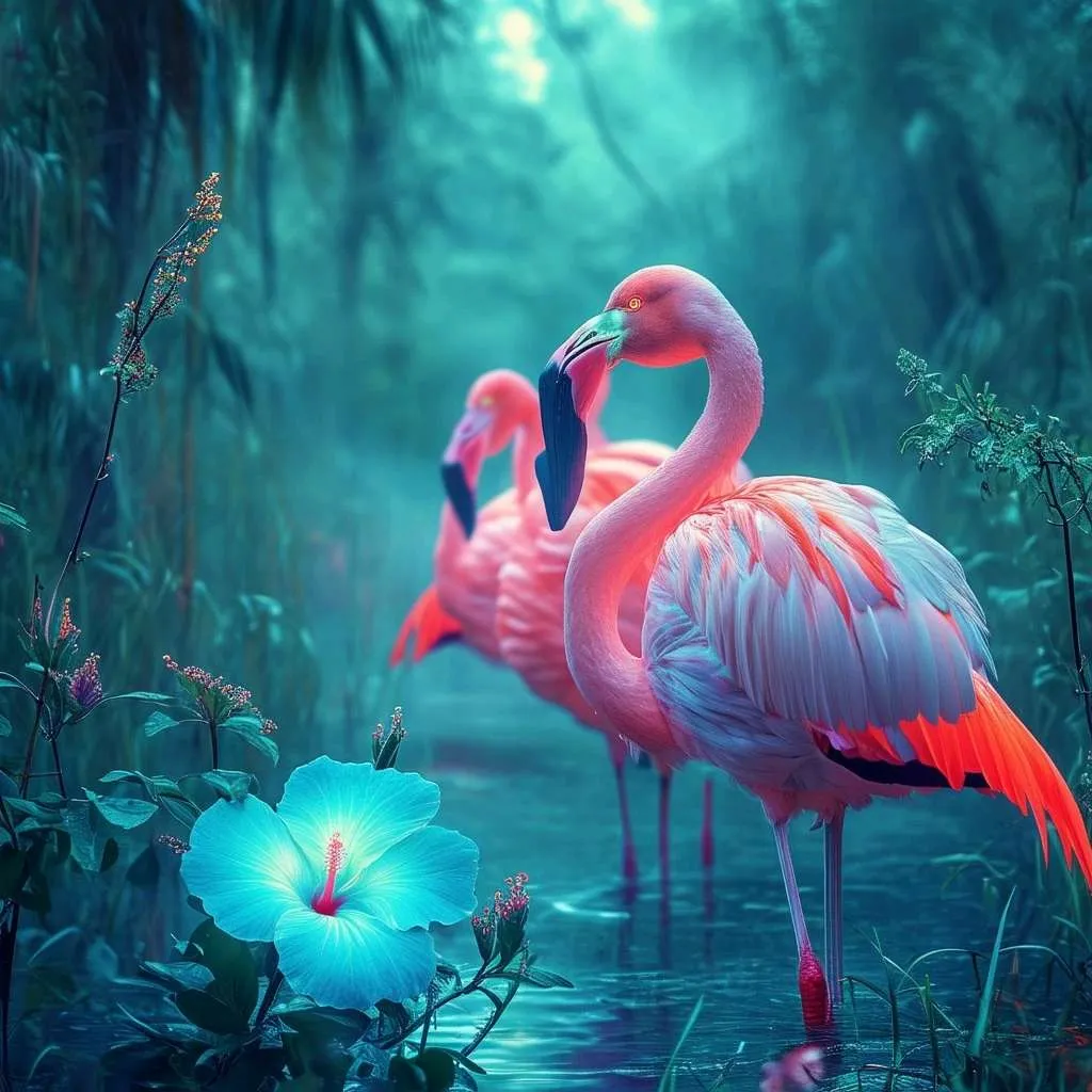 Flamingo, glowing neon, flamingos,  they are falling that light up , they glowing, neon pink glowing flamingos.  in water,  water ripples also, water reflects light,  so it would reflect the glowing neon flamingos that are glowing , advertising style