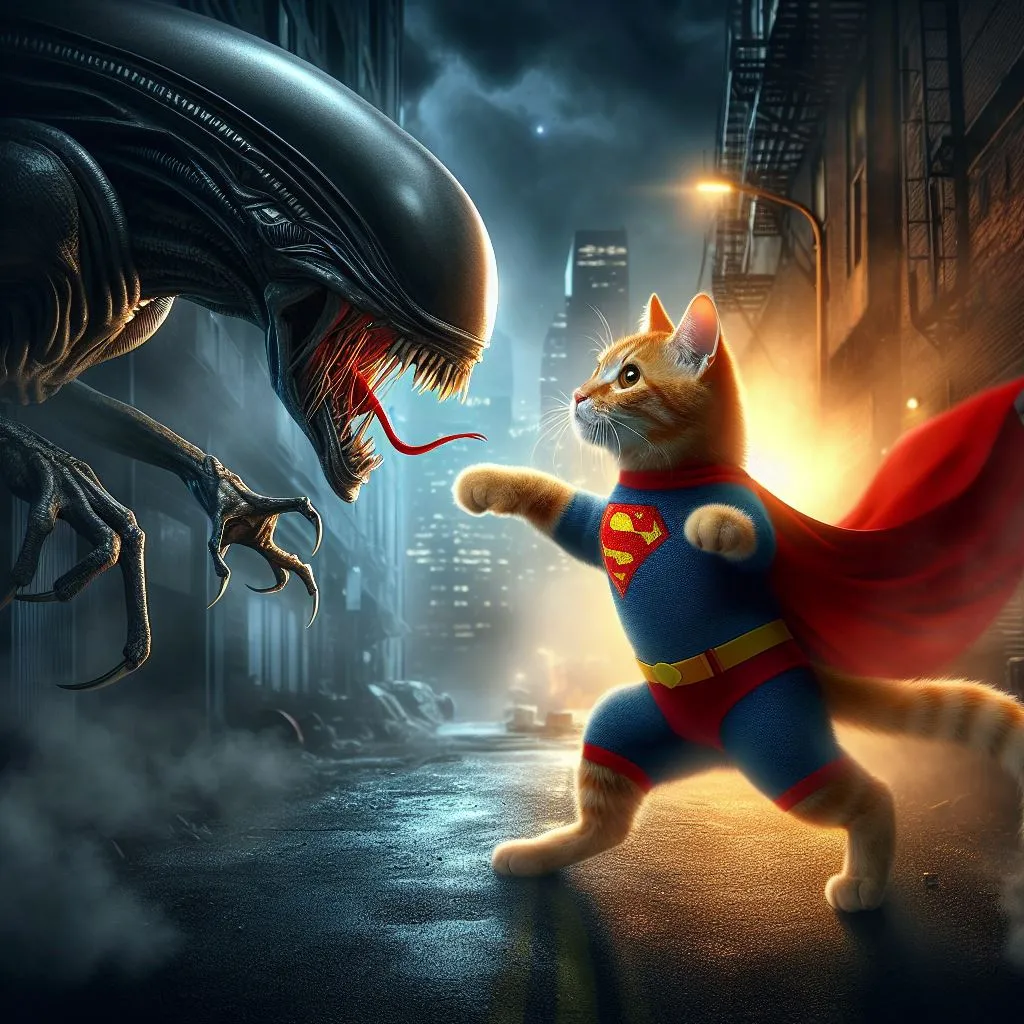 a cat dressed as a super hero standing next to an alien