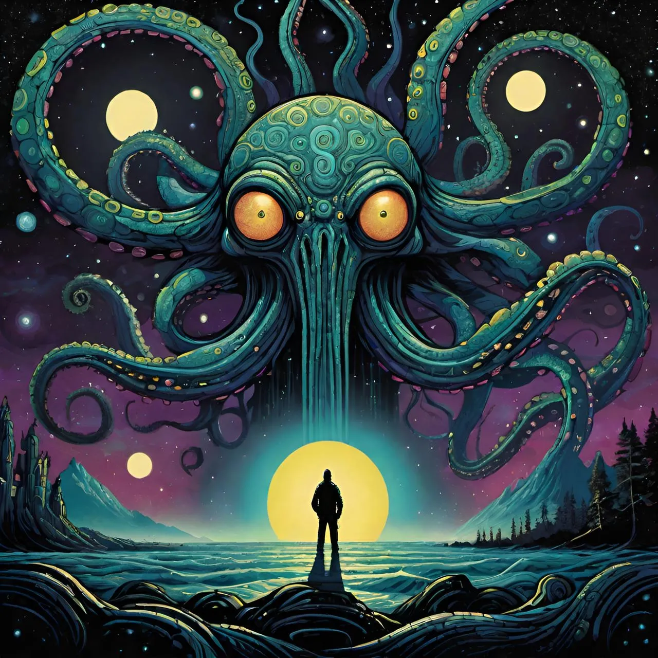 a man standing in front of an octopus with glowing eyes