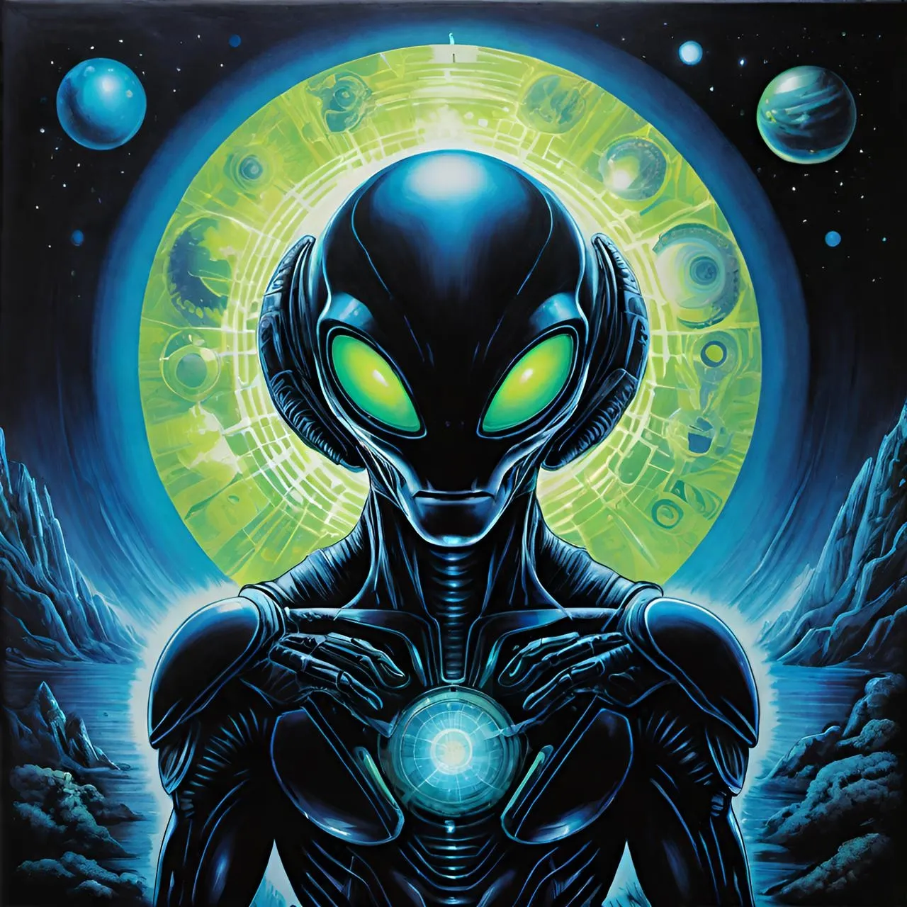 a painting of an alien with glowing eyes