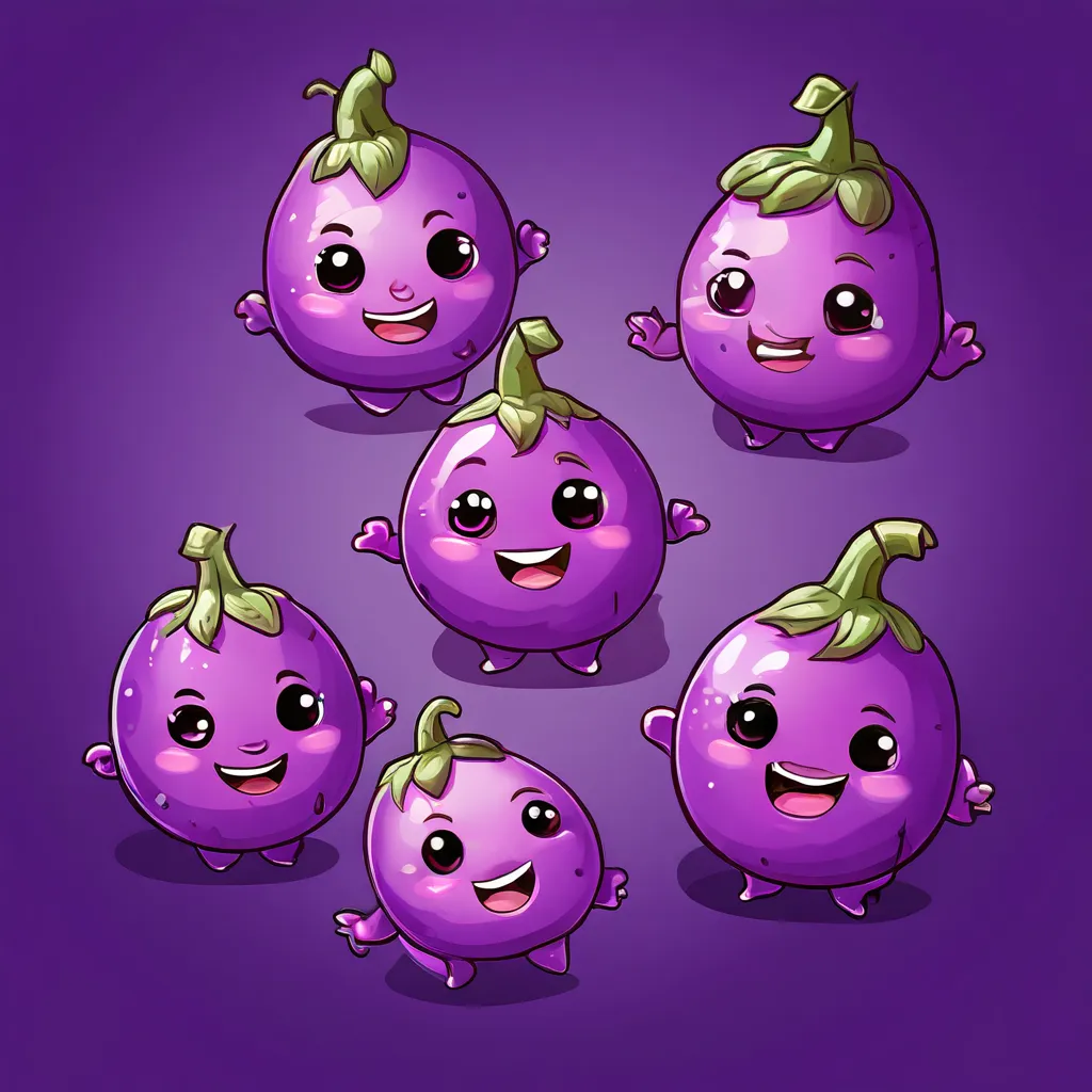 a group of purple fruit with faces and arms