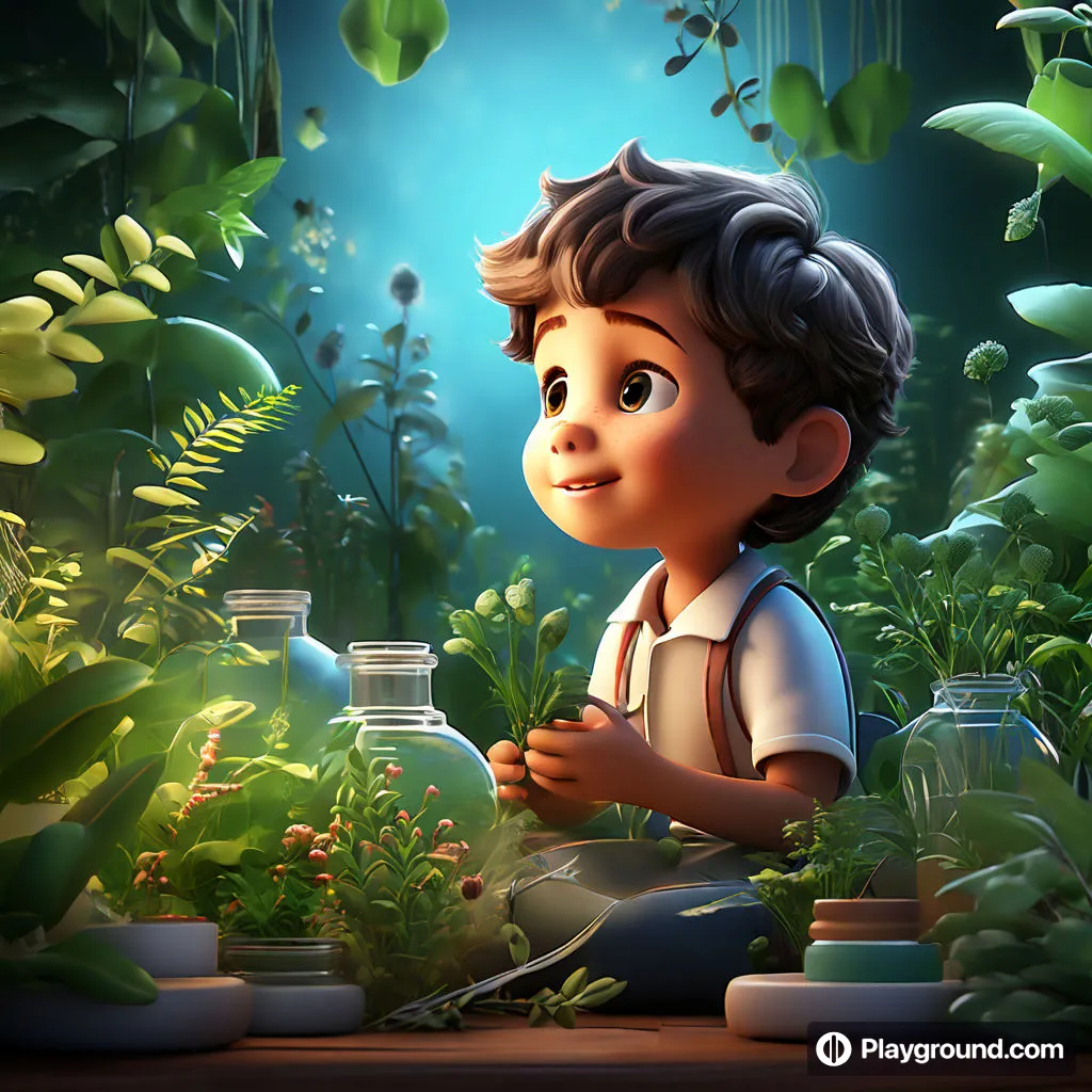 a boy is looking at plants in a garden