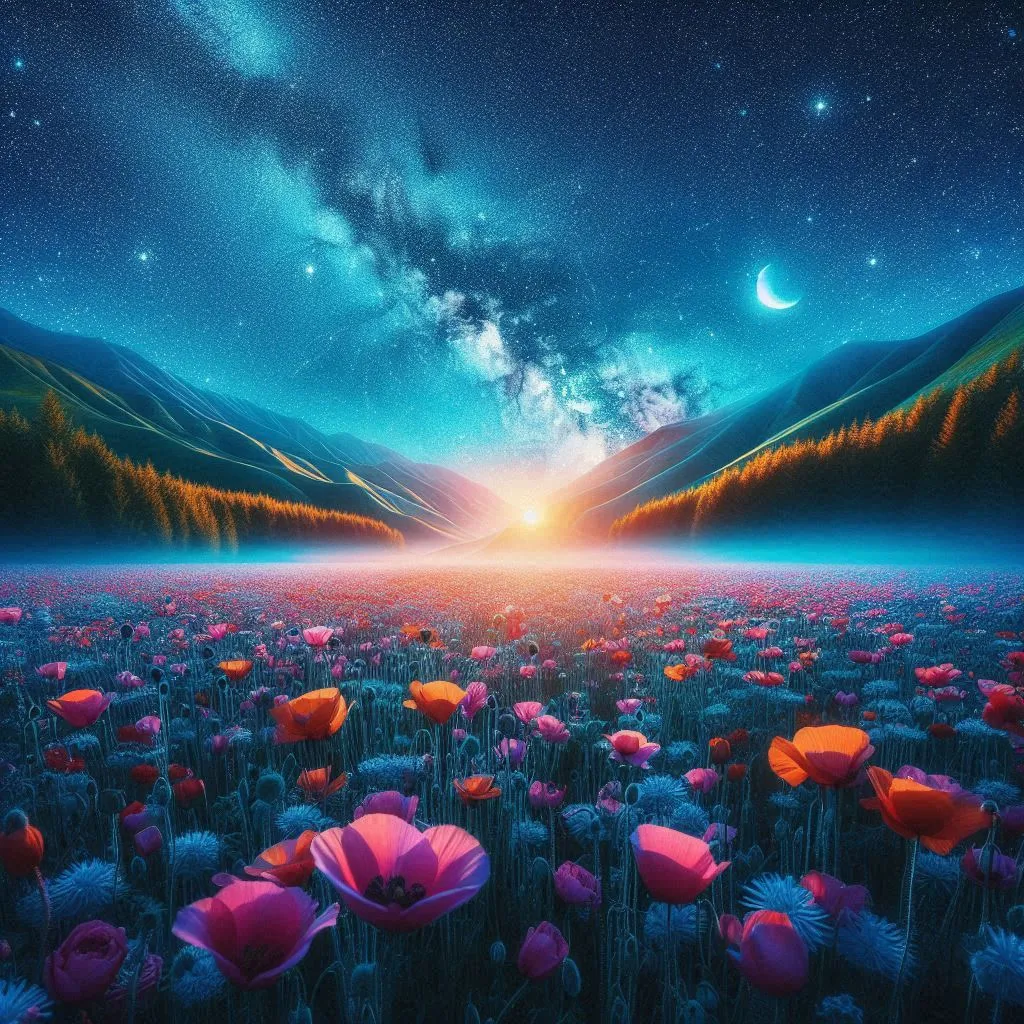 a field of flowers under a night sky