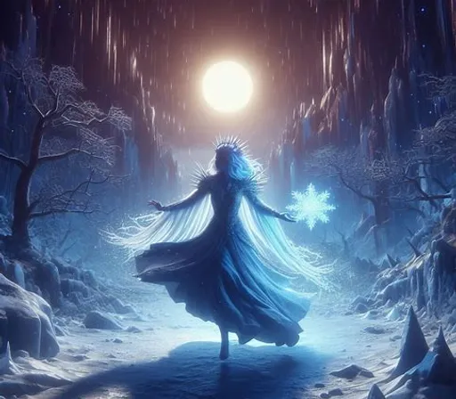 a woman in a blue dress is walking through a snowy forest