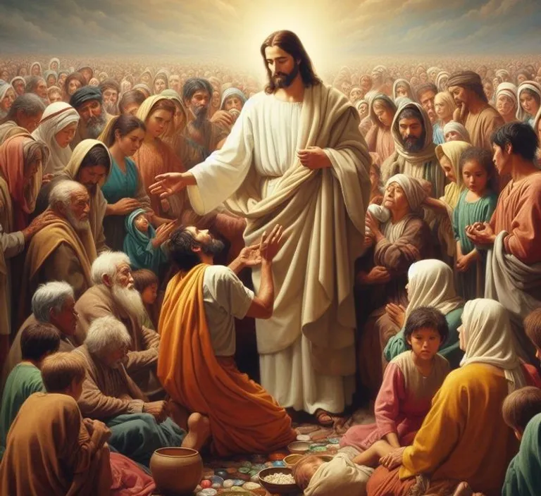 a painting of jesus surrounded by many people