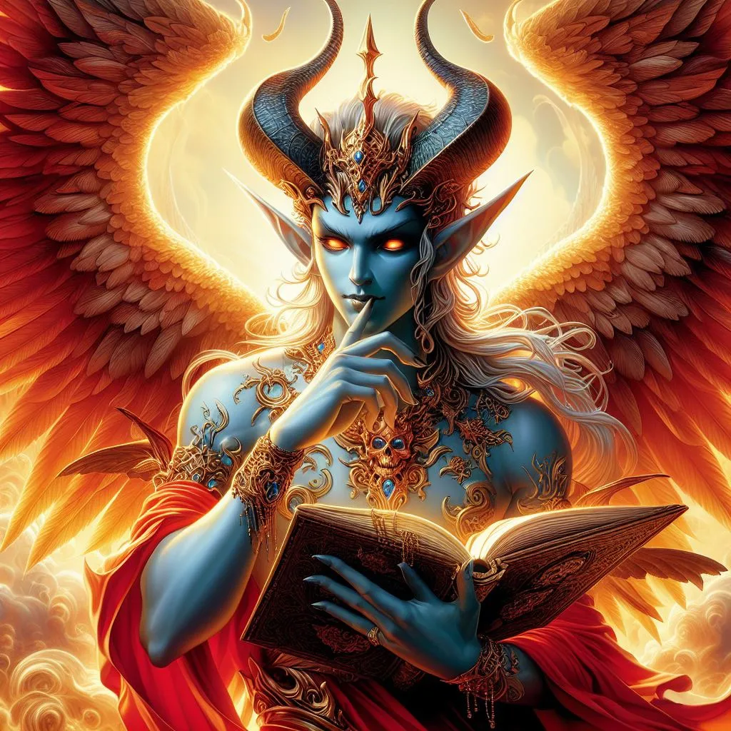 a painting of a demon reading a book