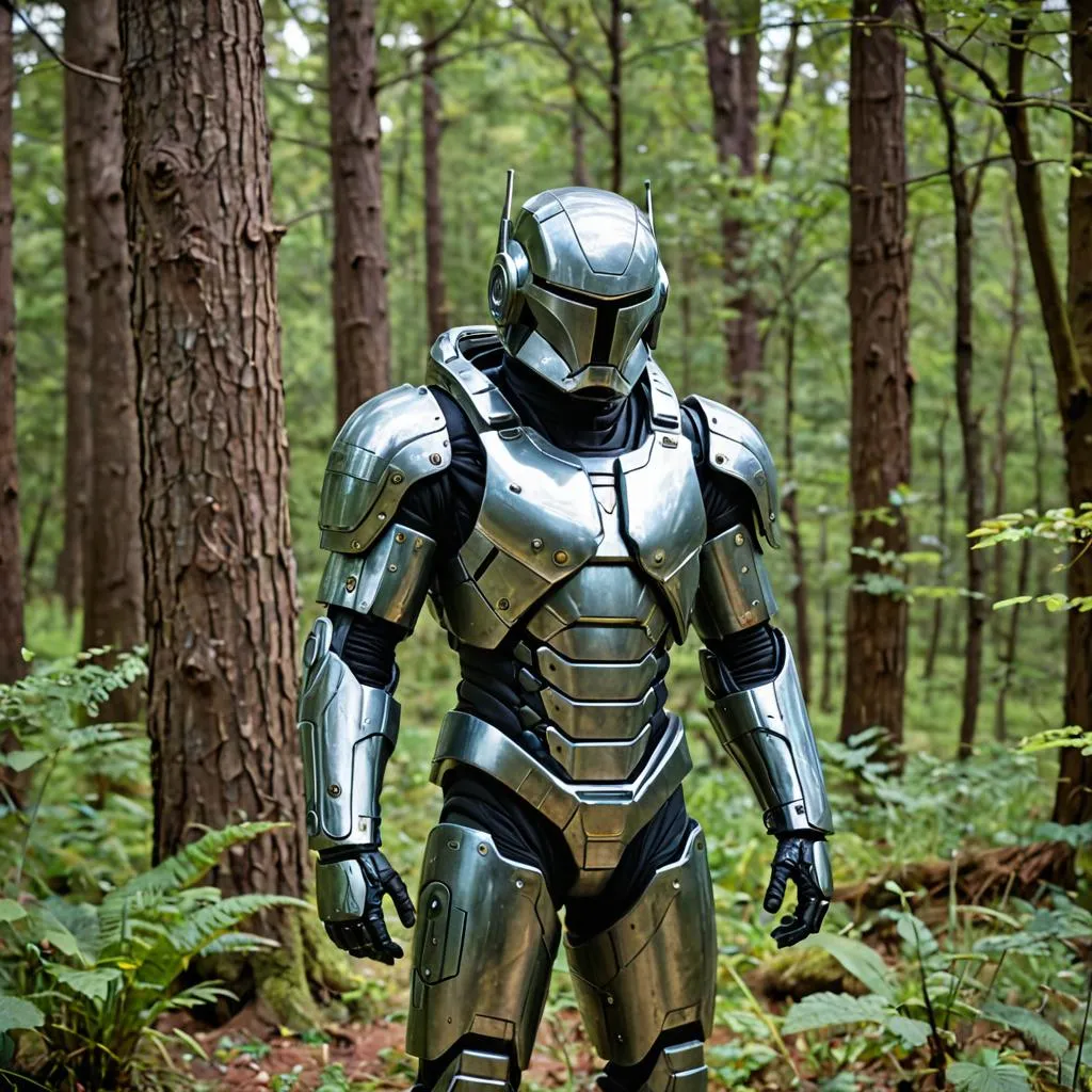 a man in a suit standing in the woods