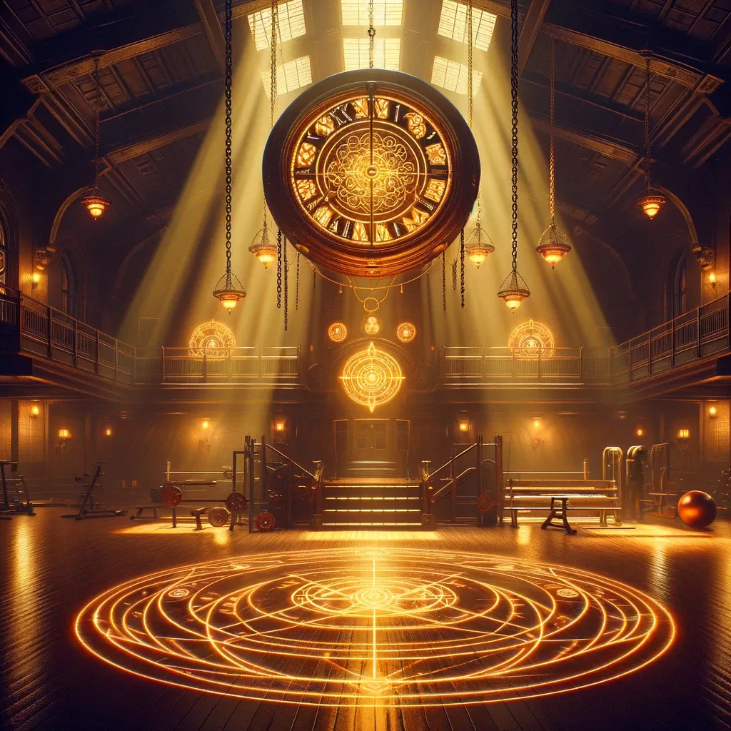 a big room with a big clock in the middle of it