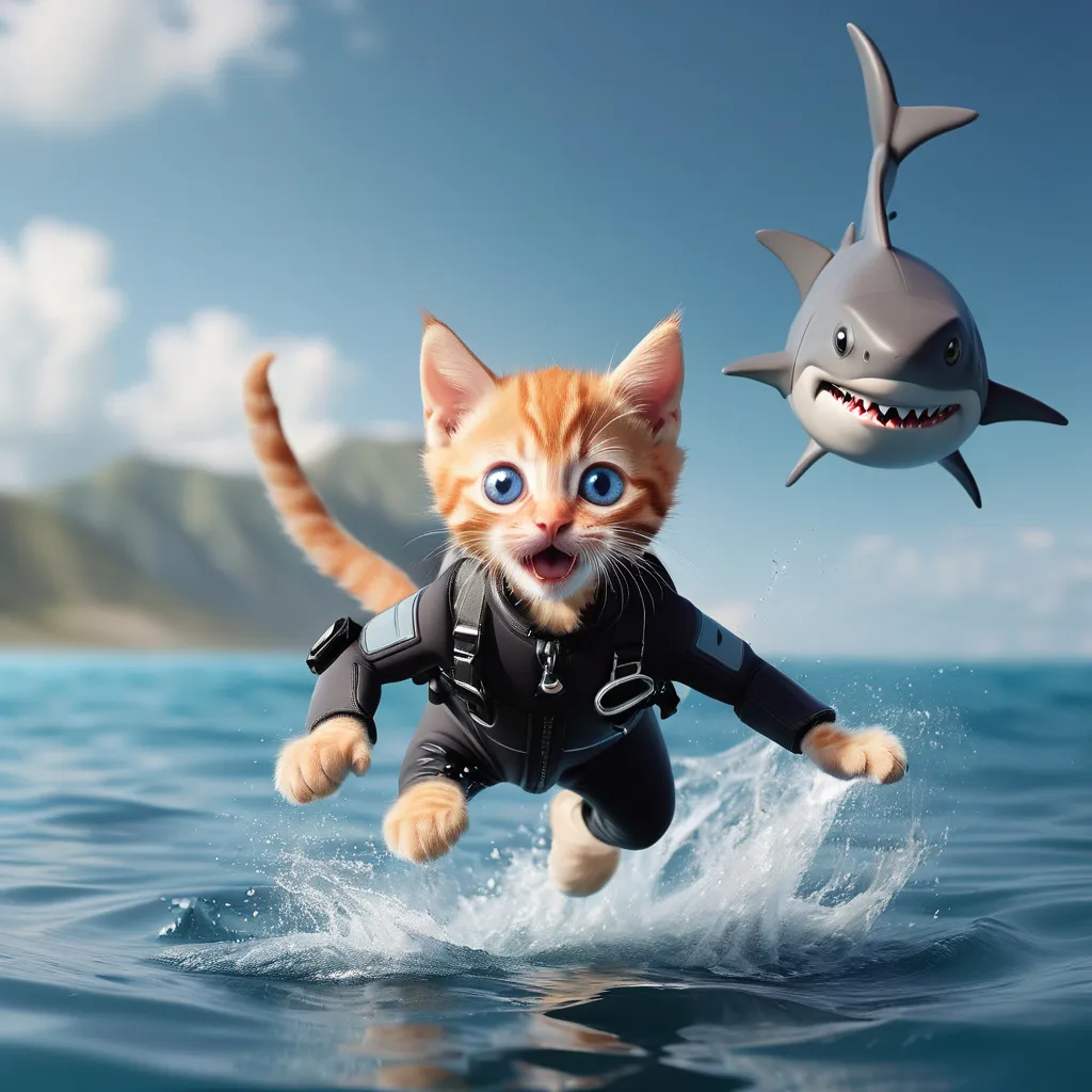 a cat is in the water with a shark