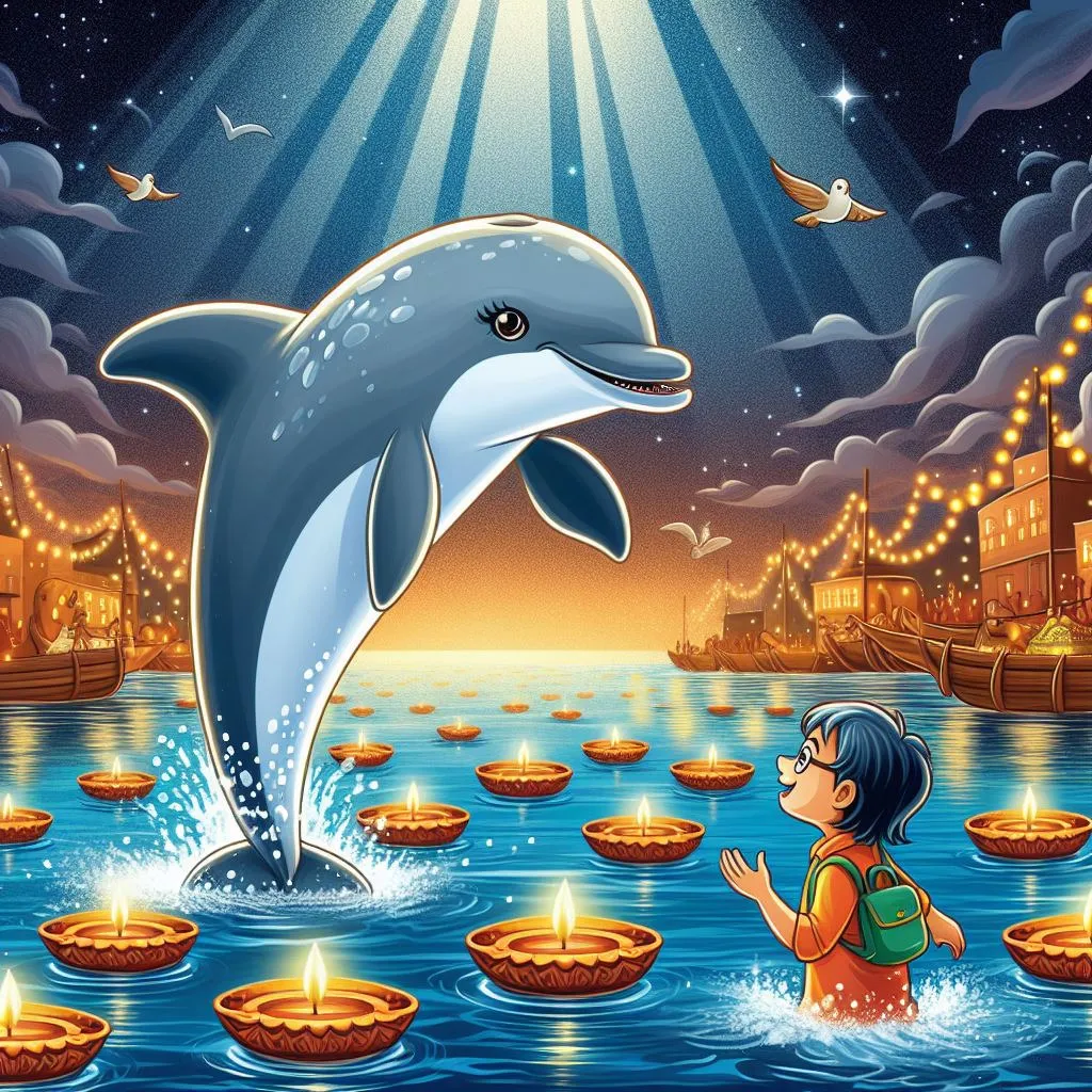 a boy standing next to a dolphin in a body of water