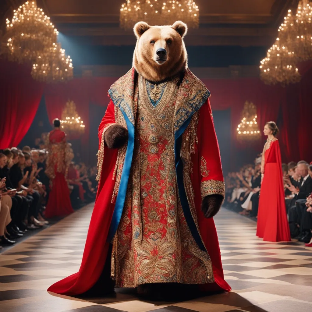 Create a high-fashion runway video featuring a majestic bear confidently walking down a red
carpet. The bear is draped in a richly detailed colorful, and ornate fabric that resembles a

traditional royal robe. The setting is a grand fashion show with a glamorous and
10.6K
sophisticated audience, complete with bright runway lights, a long catwalk, and

enthusiastic spectators clapping on either side. The atmosphere should be luxurious and
102
opulent, capturing the elegance of both the bear and the fashion event., advertising style