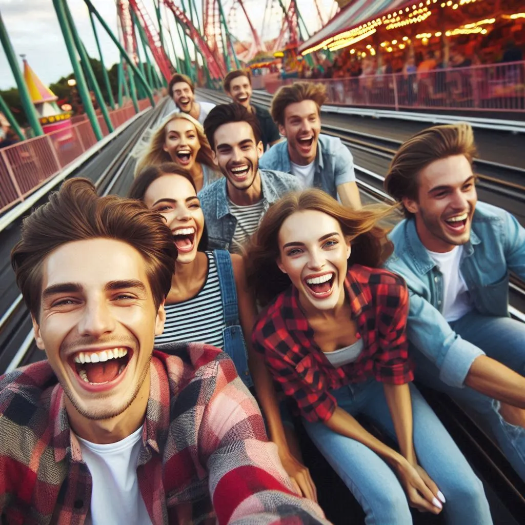 a group of people riding on top of a roller coaster