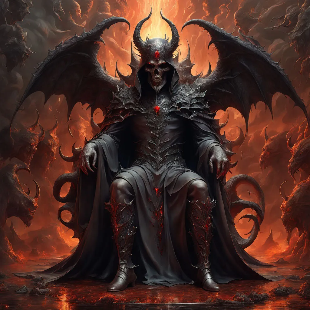 a demonic demon sitting on a throne with his hands in his pockets