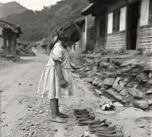 a little girl standing in front of a pile of shoes