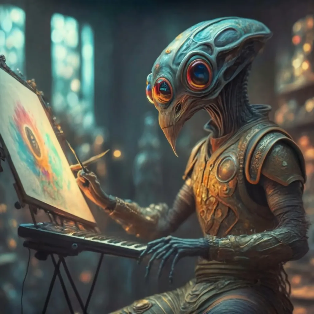 an alien painting a picture on a canvas