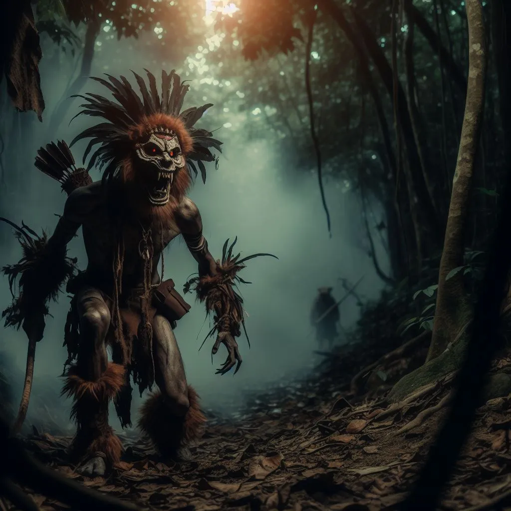 a man in a costume walking through a forest