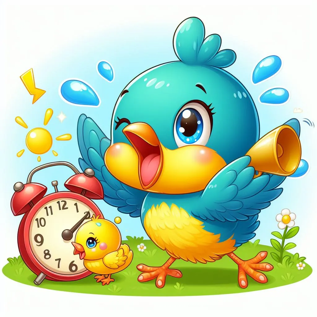 a blue bird standing next to an alarm clock