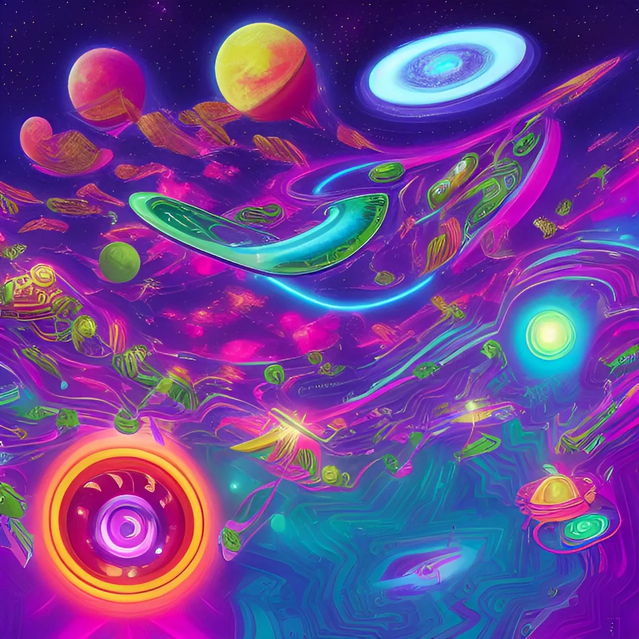 a painting of a space scene with planets and stars