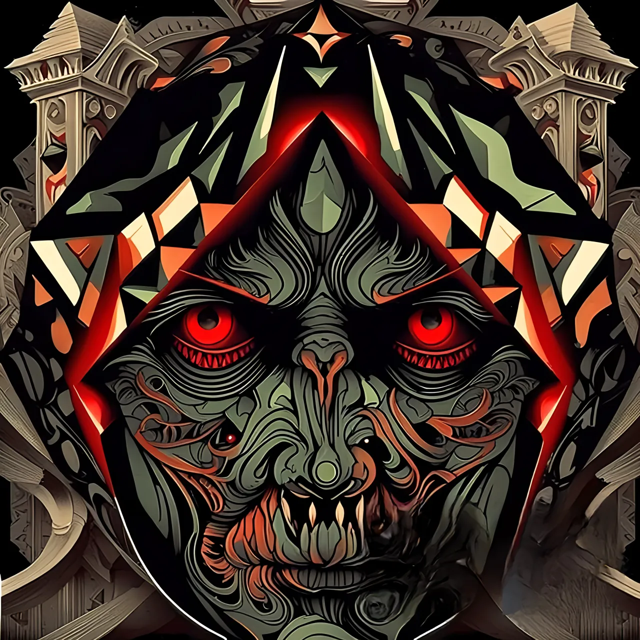 a stylized image of a demon with red eyes