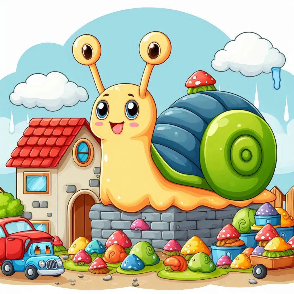 a snail in front of a house surrounded by toys