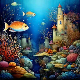 a painting of an underwater scene with fish and corals