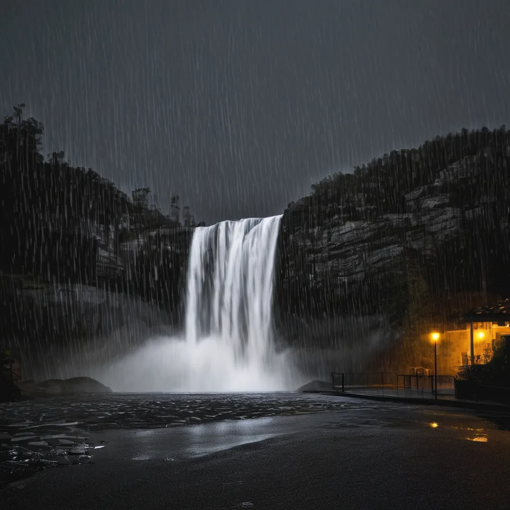 a large waterfall with a light on at night