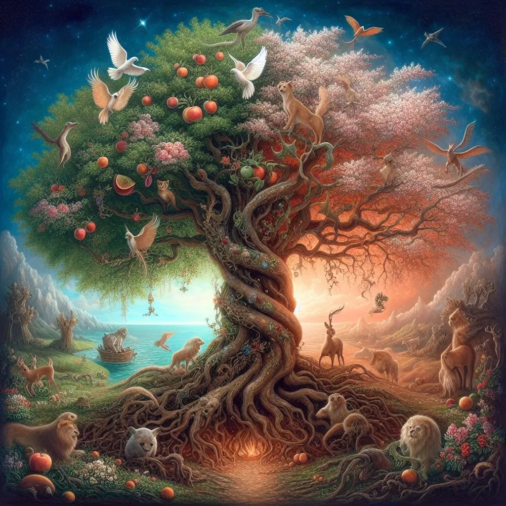 a painting of a tree with many animals around it