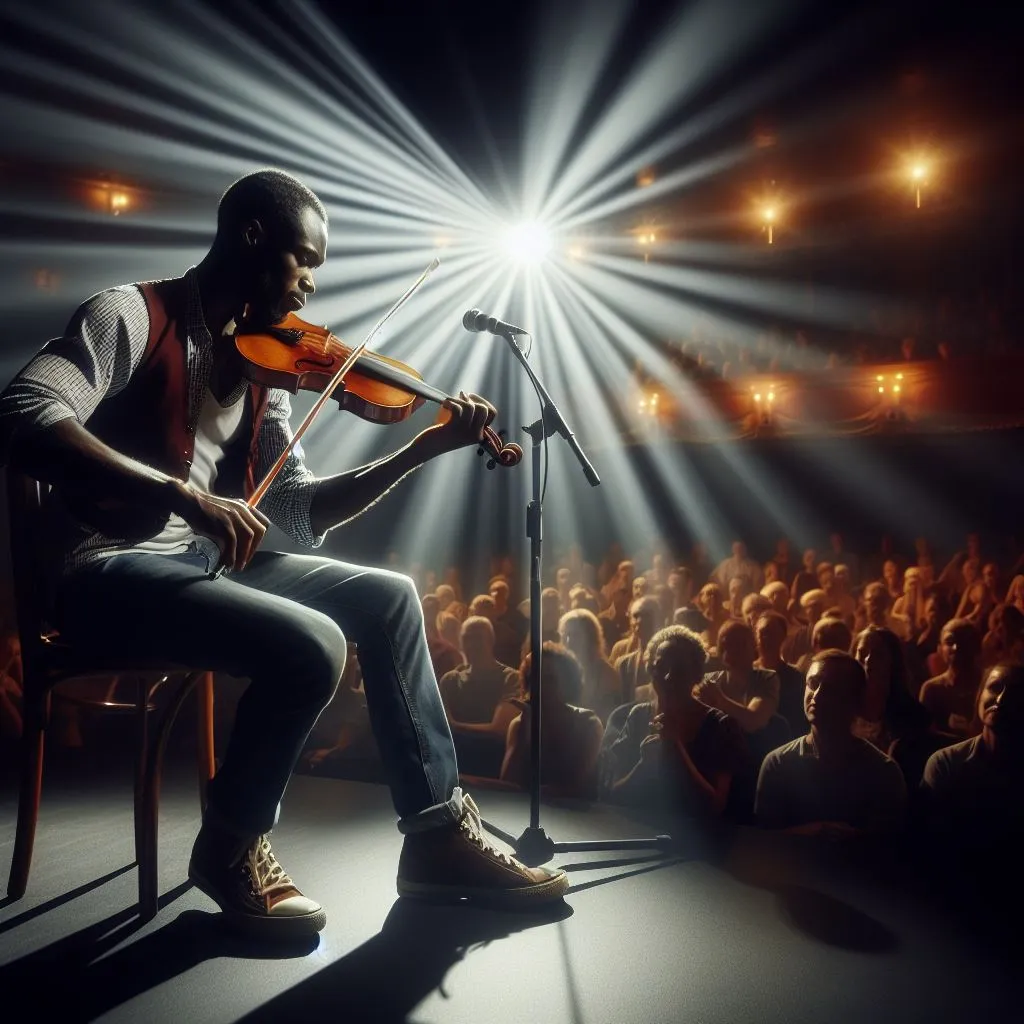 Un violinista esegue un assolo appassionato su un palco illuminato, con il pubblico rapito dalla sua musica.