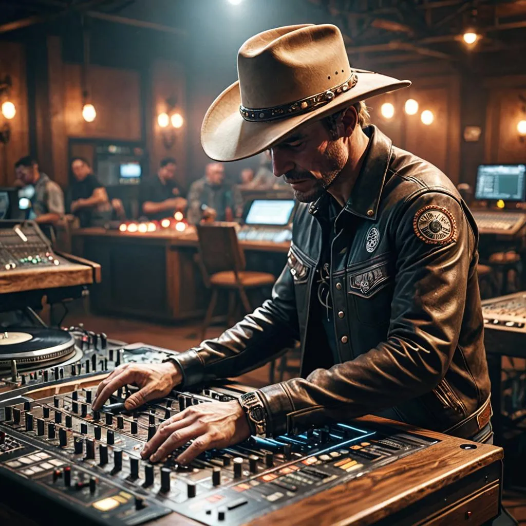 a man in a cowboy hat is mixing music