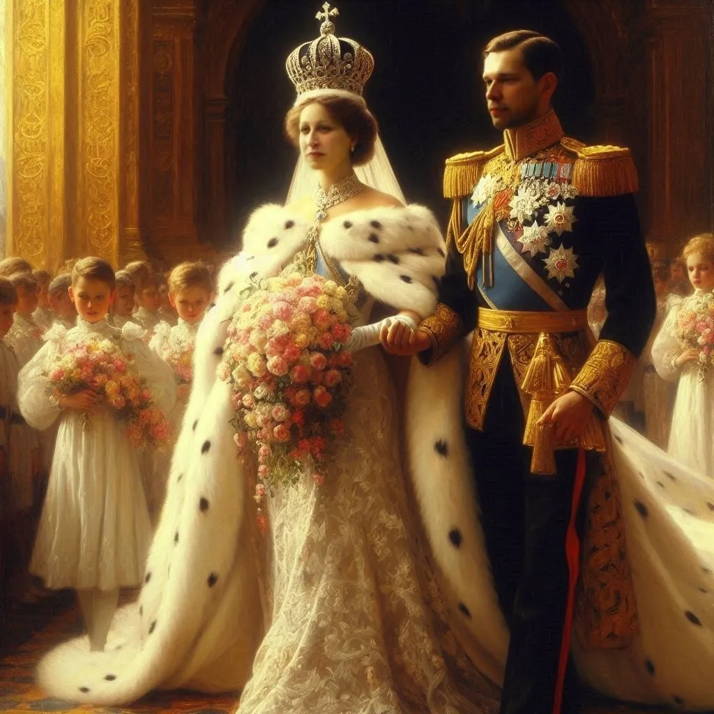 a painting of a man Czar and a woman Czarina in wedding attire