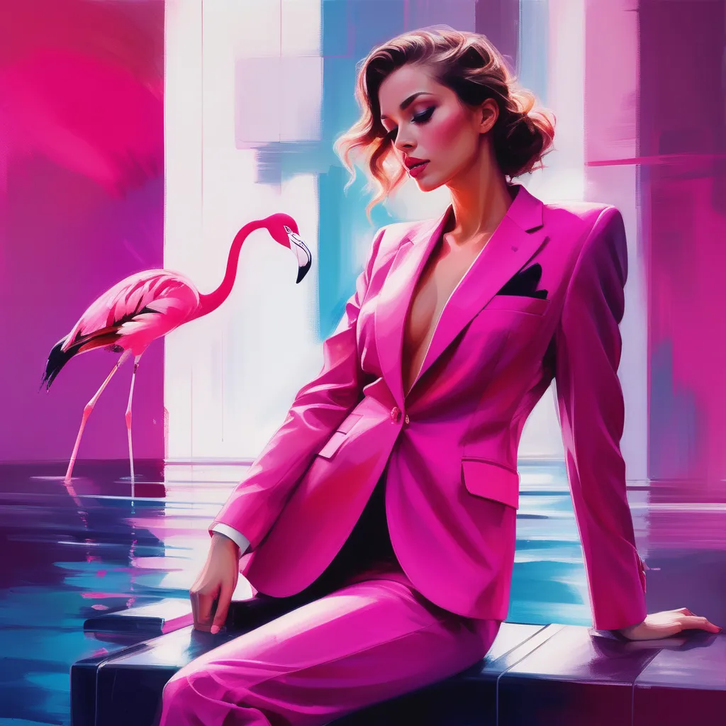 a painting of a woman in a pink suit and a pink flamingo