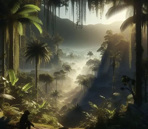 a man walking through a forest filled with palm trees