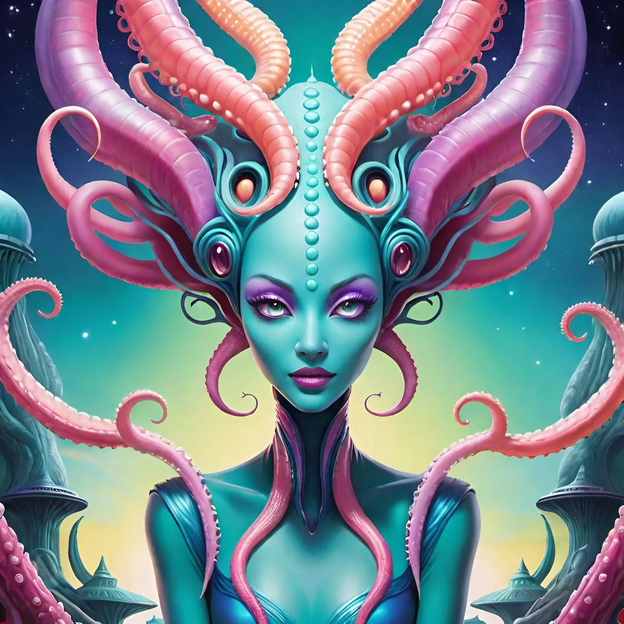 a painting of a woman with an octopus head