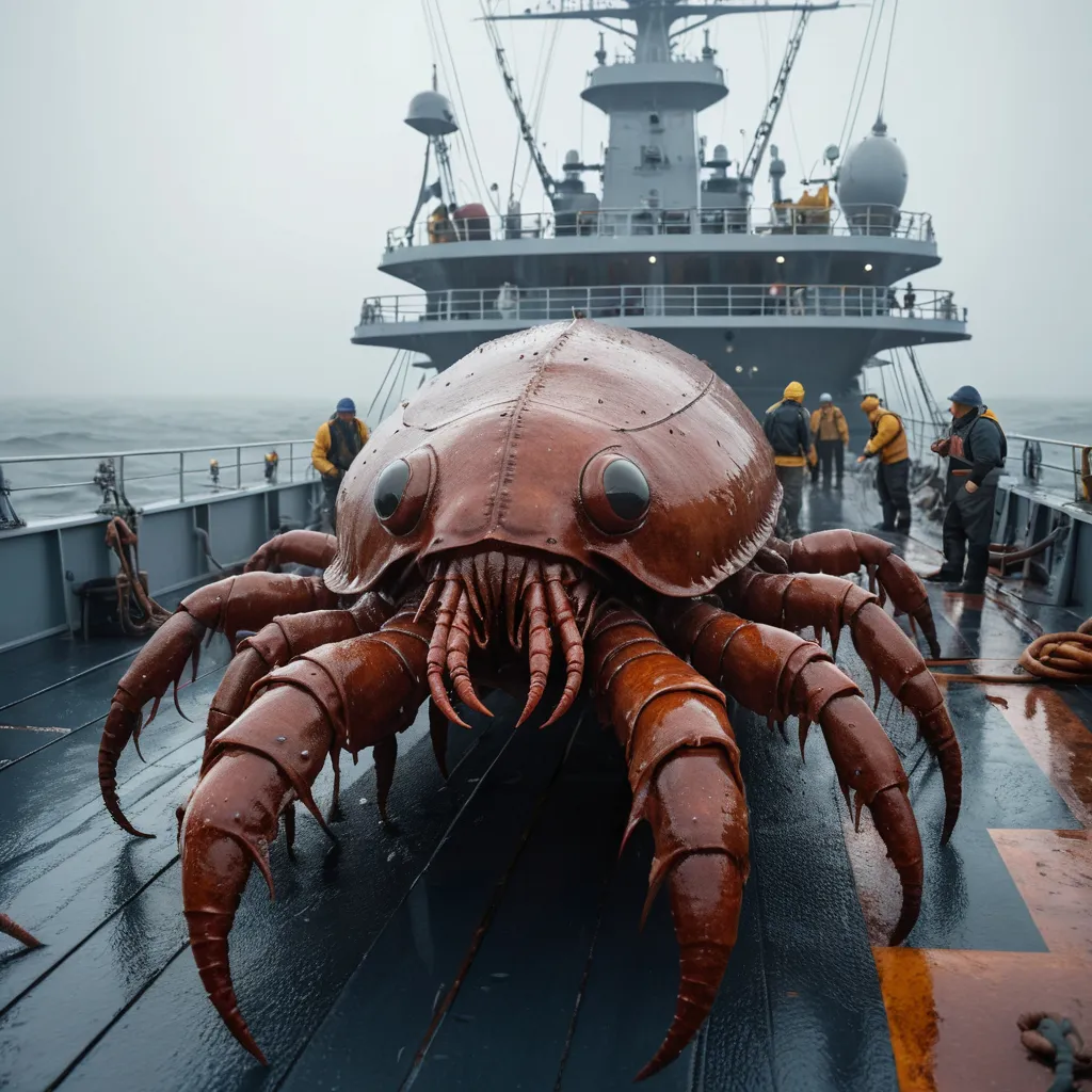 a large crab is on a boat in the water